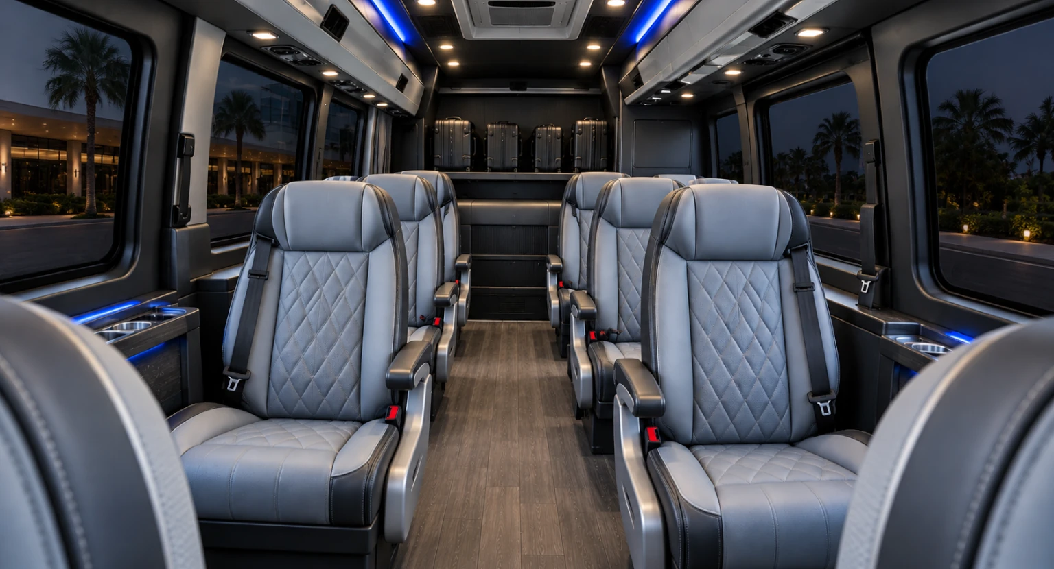 Interior of a 10-passenger executive Sprinter van
