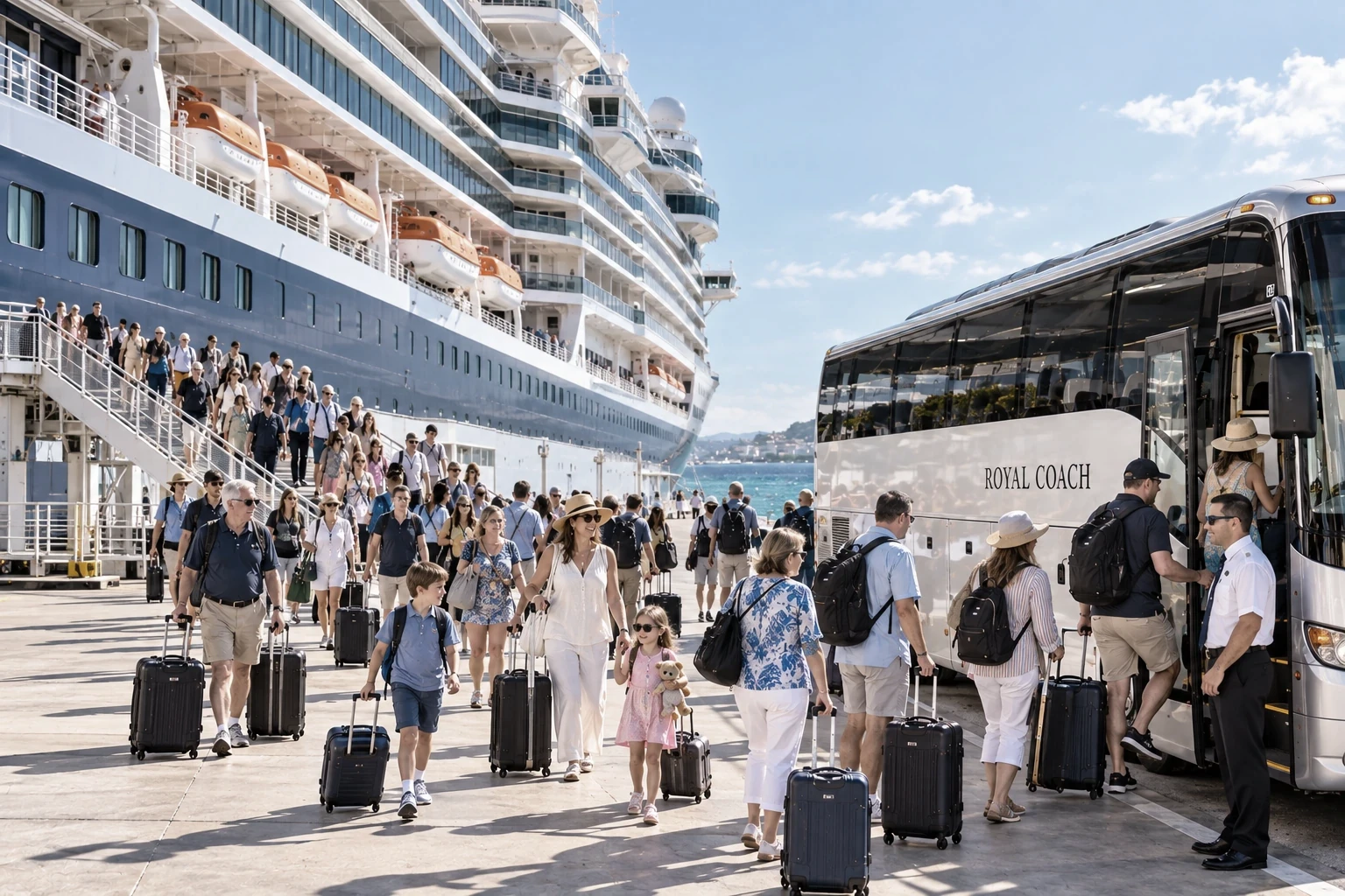 Cruise passengers arriving at a terminal by group transportation